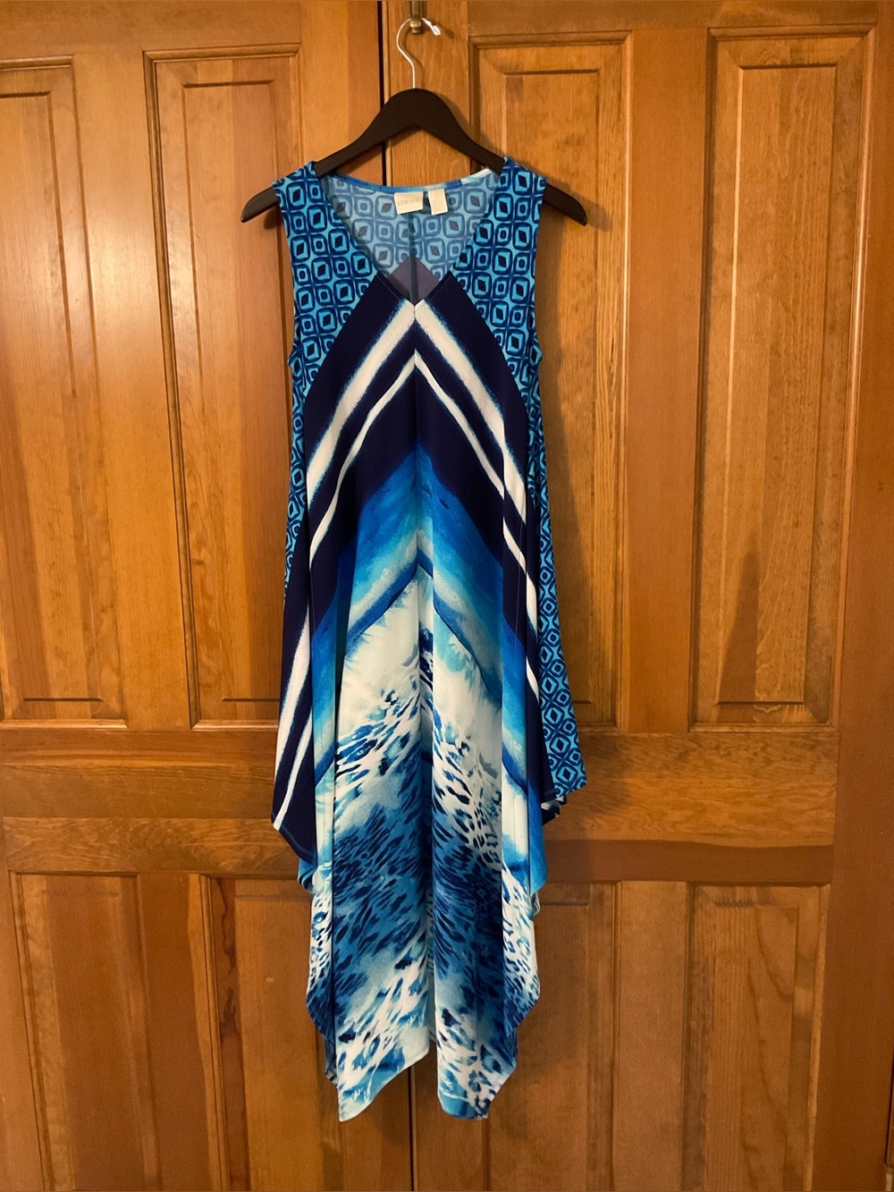 Chico's Blue Multi-Print Asymmetrical Handkerchief Hem Sleeveless Dress. Sz S